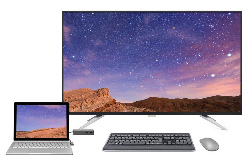MobileStation Surface Book, Dockingstation, 1x 42,5" LED-TFT Business 4K Line und eine Cordless Desktop Tastatur und Darkfield Laser Maus