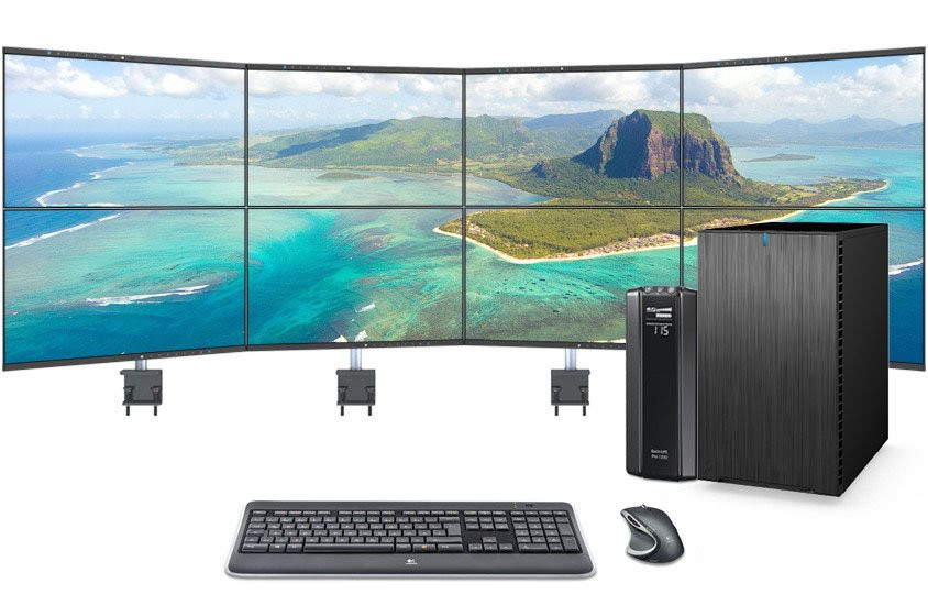 DataStation live, 4+4 Monitorträgersystem Flex mit Tischklemmen, 8x 24" Slim Monitore, USV, Tastatur- und Mausset