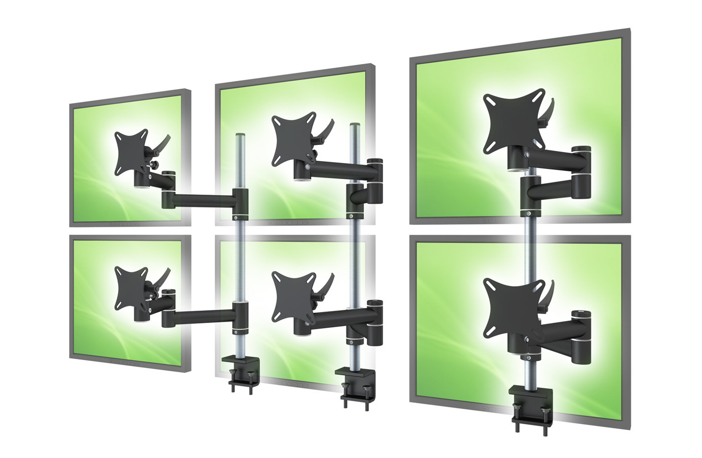 3x Monitorträgersystem Flex 1+1, mit Gelenkarm 220+220, Säulenlänge 700mm und Tischklemme 50-100mm in schwarz (RAL9011)