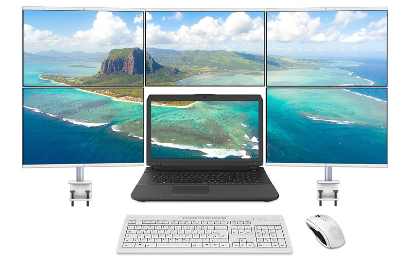 MobileStation Pro 17,3", 5er Multimonitorsystem Flex 2+3 mit einer Tischklemmbefestigung inkl. 23,8" Ultra-Slim Monitore, Tastatur und Maus Pro Line in weiß
