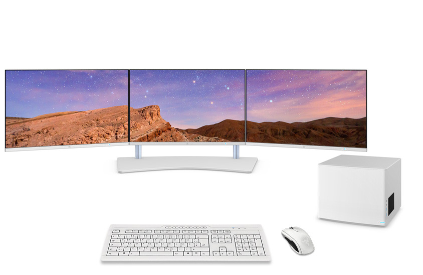 904|DataStation studio weiß, 3er Monitorträgersystem Traverse mit Tischstand weiß, 3x 24" Slim Monitore weiß, Tastatur und Maus in weiß