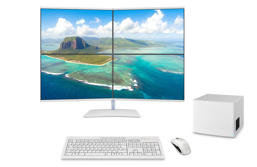 905|DataStation studio weiß, 2+2 Monitorträgersystem Traverse mit Tischstand weiß, 4x 24" Slim Monitore weiß, Tastatur und Maus in weiß