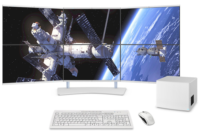 906|DataStation studio weiß, 3+3 Monitorträgersystem Traverse mit Tischstand weiß, 6x 24" Ultra-Slim Monitore weiß, Tastatur und Maus in weiß