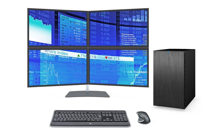 704|DataStation live, 2+2 Monitorträgersystem Traverse mit Tischstand, 4x 24" Business Monitore, Tastatur- und Mausset