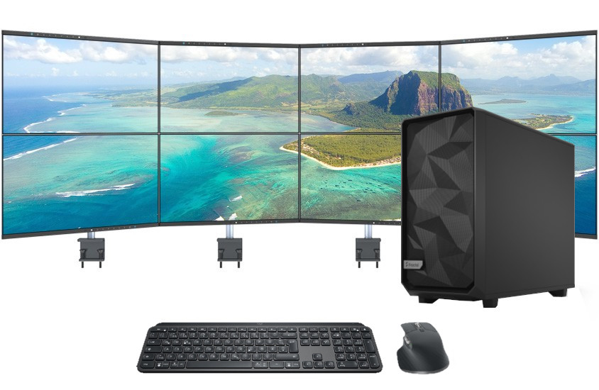 2405|DataStation ultra, 4+4 Monitorträgersystem Flex mit Tischklemmen, 8x 24" Slim Monitore, Tastatur und Maus Pro Line
