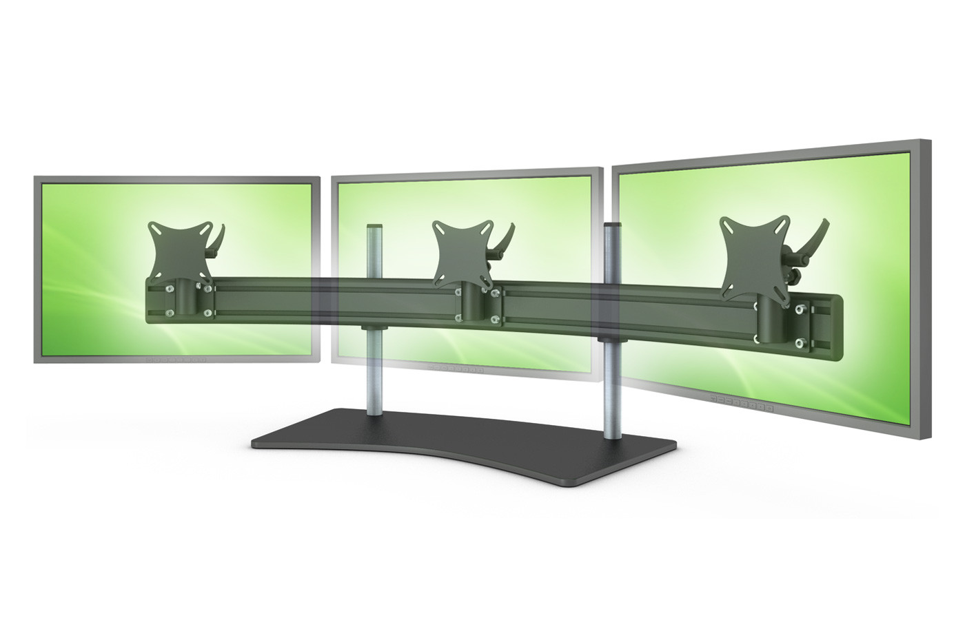 2102|Monitorträgersystem Traverse 3er parabolisch, für 24" Monitore, Säulenlänge 350mm und Tischstandplatte in Schwarz (RAL9011)